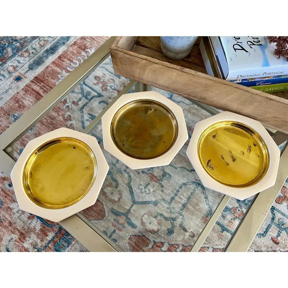 Vintage Made in Italy Brass Plates with Cream Octagon Frame, Set Of 3, MCM